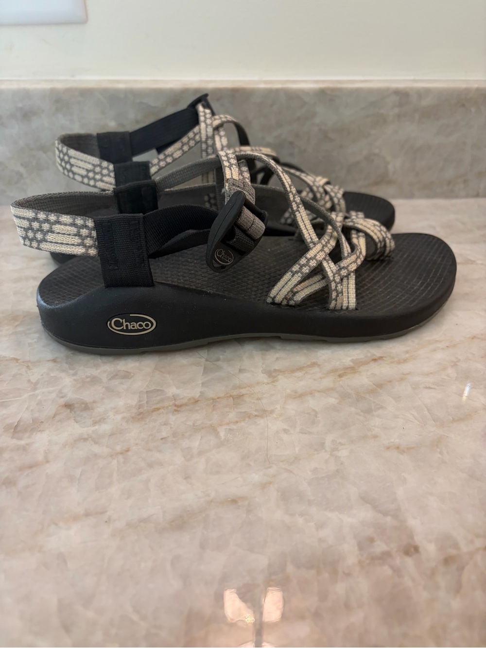Chaco Women's Black Sandal with White Patterned Straps